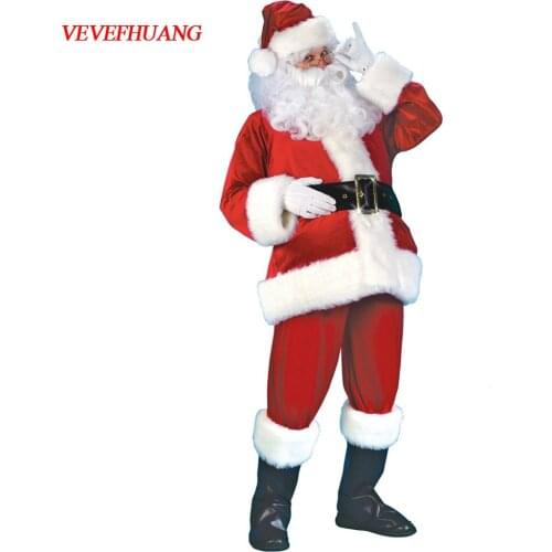 VEVEFHUANG Adult Christmas Santa Claus Costume Suit Plush Father Fancy Clothes Xmas Cosplay Props Men Coat Pants Beard Belt Hat