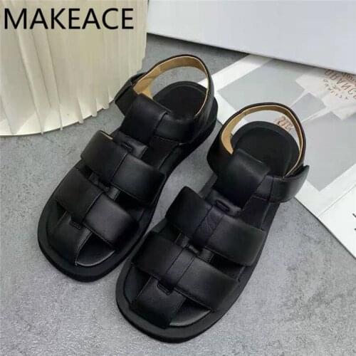 New Women Sandals Genuine Leather Hollow Outs Beach Shoes Woman Casual Flats Shoes Ladies Summer Thick Sole Sandals Women 2021