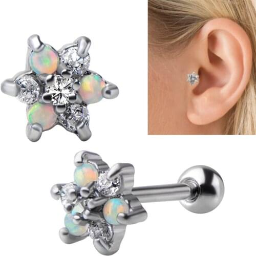 2pcs Flower Opal Stud Earings Tragus Helix Barbell Cartilage Daith Piercing Crystal Zircon Ear Studs for Woman Body Jewelry Gift