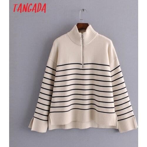 Tangada Women 2021 Fashion Casual Striped Knitted Sweater Jumper Zipper Female Elegant Oversize Pullovers Chic Tops 3H260