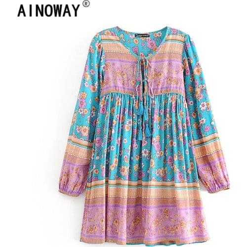 Vintage chic women lace-up tassel peacock print beach Bohemian mini dress Ladies Summer rayon cotton Boho dress vestidos