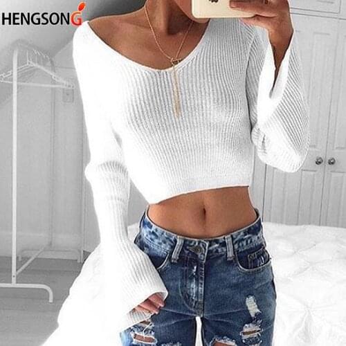 Knitted T-shirt Women Short Crop Tops Spring Autumn White Sweater Jumper Flare Sleeve V Neck Knitting T Shirts Women Tshirt