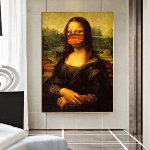 Funny Mask Mona Lisa Oil Painting on The Wall Reproductions Canvas Art Posters and Prints Wall Art Picture for Living Room Decor