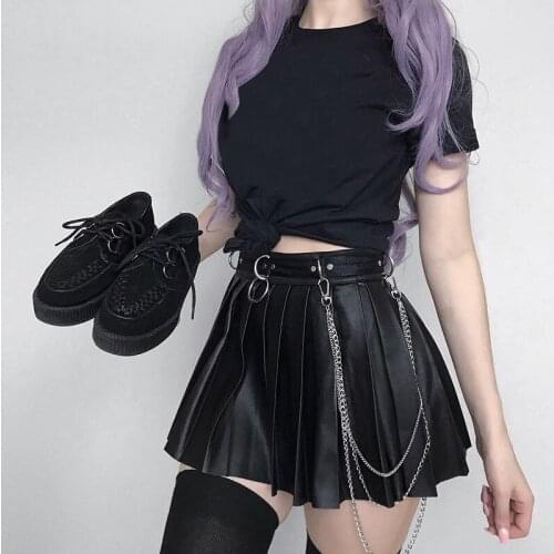 Women Goth Punk Summer Gothic Skirts Casual Streetwear Zippper Rivet Pleated Metal Ring Skirt PU Sexy Hollow Out