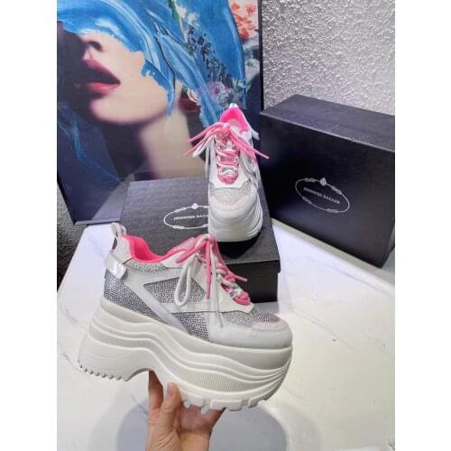 Womens Summer Breathable Mesh Chunky Shoes 9cm Thick Heels Casual Female Crystal Street Fashion Genuine Leather Platform Lady