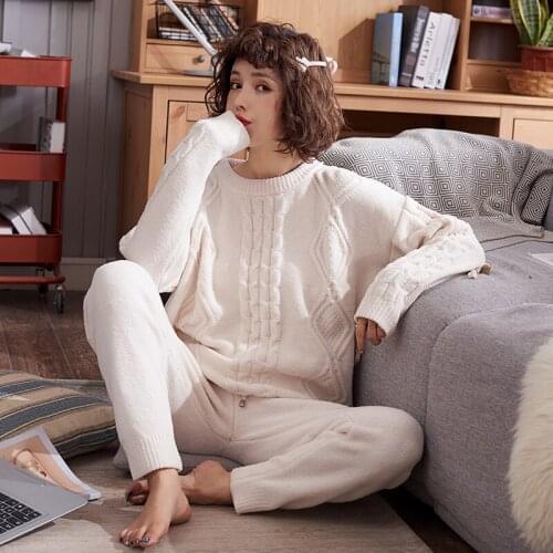 Womens Pajamas Autumn/winter Chenille Fashion Round colla Simple Casual Sports Wide-leg Pants Sleepwear Home Wear Warm Pajamas