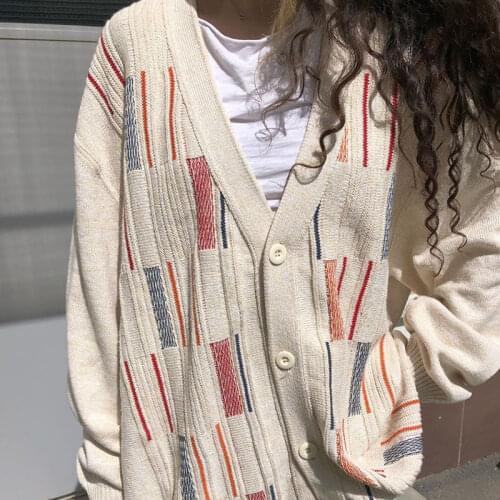 B-TOTO Vintage Beige V-neck Knitted Cardigan Womens Loose Lazy Sweater Coat 2021 New Fashion
