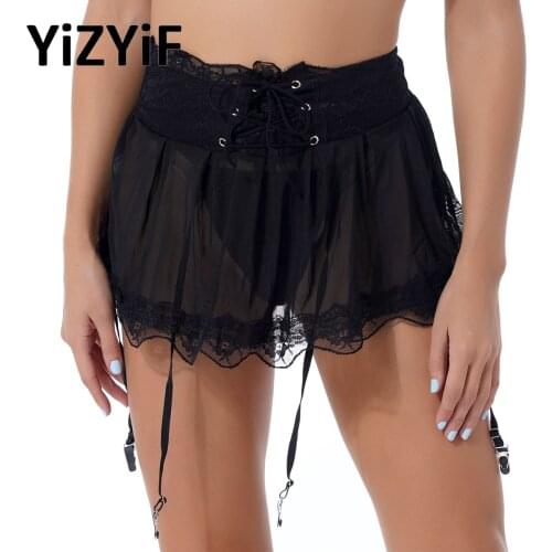 Women Sexy Plus Size Lingerie Black Stocking Suspenders Garter Belt Lace Mesh Skirt Nightwear with G-string