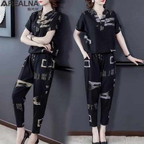 2020 summer 2 pieces suits lady print blouse shirt women tops+Drawstring Harem pants set Women two piece set tracksuit plus size