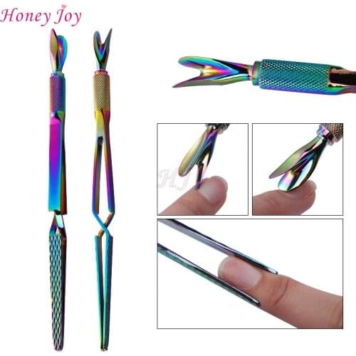 3 Way Rainbow Colors Multi-Functional Manicure C-curve Pinching Tool Cuticle Pusher Nail Art Pincher for Acrylic UV Gel Nails