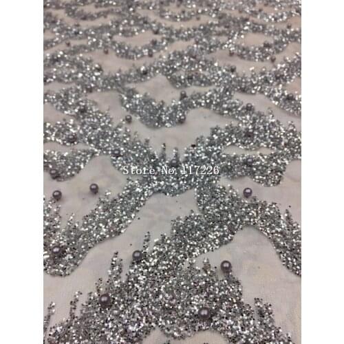 5yards silver color glued print glitter tulle mesh fabric with beads for evening dress/party/wedding