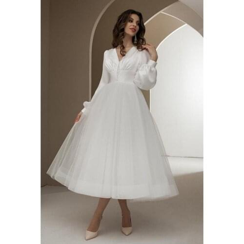 Ivory Satin Tulle V-Neck Long Sleeves Short Mid -Calf A-Line Wedding Dresses Custom Made Bridal Gowns