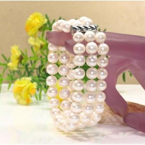 3 ROW JEWELRY 8-9MM NATURAL SOUTH SEA WHITE PEARL BRACELET 7.5-8"