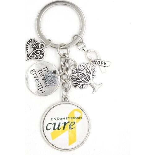 New Arrival Cabochon Cancer Yellow Ribbon Endometriosis Awareness Jewelry Never give up hope Charms Keychain Keyrings Gift