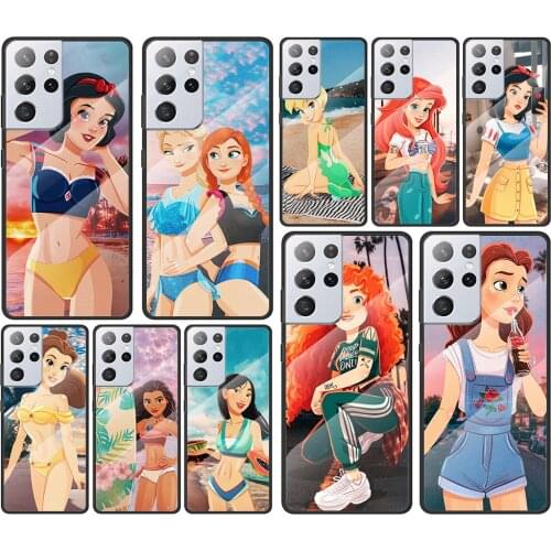 Disney Beach Princess for Samsung Galaxy S21 Ultra Plus A72 A52 4G 5G M51 M31 M21 Luxury Tempered Glass Phone Case Cover