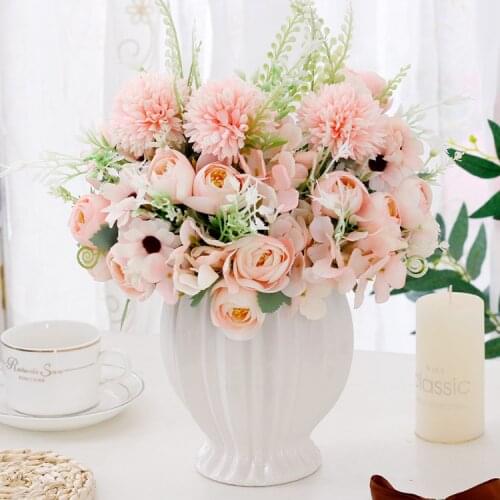 European Ceramic Vase+Rose Fake Fower Ornaments Home Livingroom Desktop Furnishing Crafts Club Coffee Table Figurines Decoration