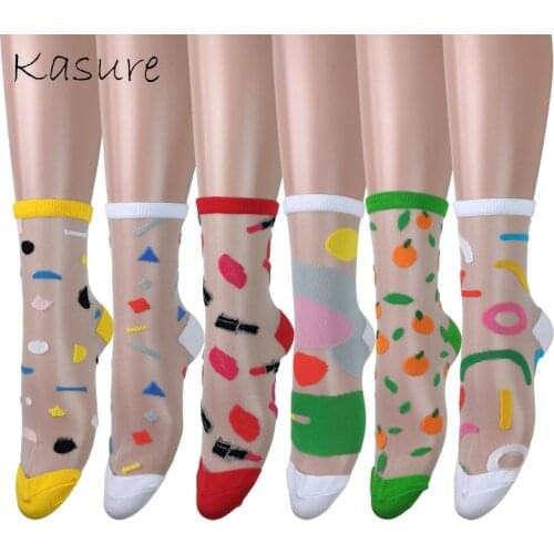 KASURE Funny Fruit Vegetables Pattern Thin Ankle Socks For Women Girl Transparent Mesh Glass Silk Jacquard Spring Summer Sock