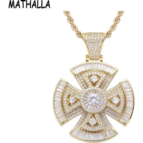 MATHALLA Newest Iced Out Cubic Zirconia Cross Pendant Necklace Gold Brass Jewelry Hiphop Cross Spinner Pendant Rotating Joyas