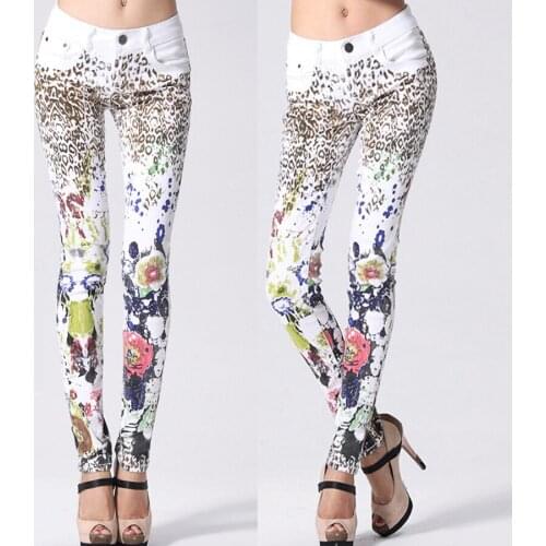 Summer Spring Fashion Women Printed Floral Pattern Stretch Denim Skinny Trousers , Casual 2021 Woman Slim Fit Pencil Jeans