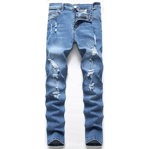 New Mens Ripped Jeans High Street Elasticity Stretch Blue Trousers Trendy Hole Straight Denim Pants