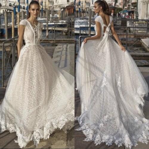 Charming Wedding Dress 2021 A-Line Cap Sleeve Appliques Lace-Up Backless Tulle Sweep Train Elegant Bridal Gown Vestidos De Noiva