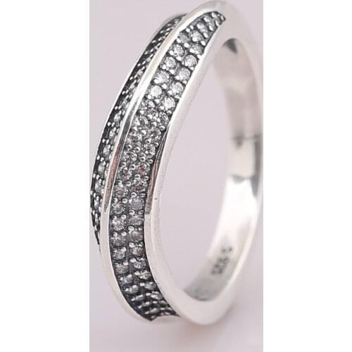 Authentic S925 Ring Elegant Waves With Crystal Rings For Women Wedding Party Gift fit Lady Fine Jewelry