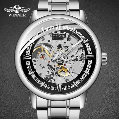 Winner Trendy Roman Top Luxury Skeleton Small Dial Mens Silver Business Automatic Manipulator Watches