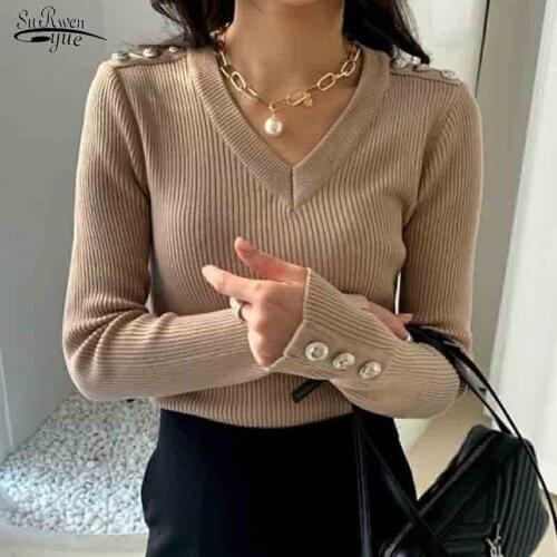 Solid Button Long Sleeve Pullovers Autumn New Womens Sweaters V-Neck New Fashion Clothes Lady Casual Slim Women Pullover 16712