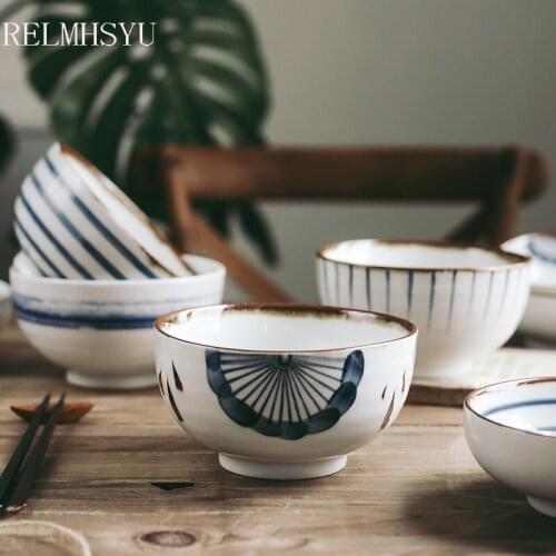 RELMHSYU 6Inch Japanese Style Hand-painted Underglaze 6 Inch Ceramic Noodle Soup Dinner Noodle Tableware
