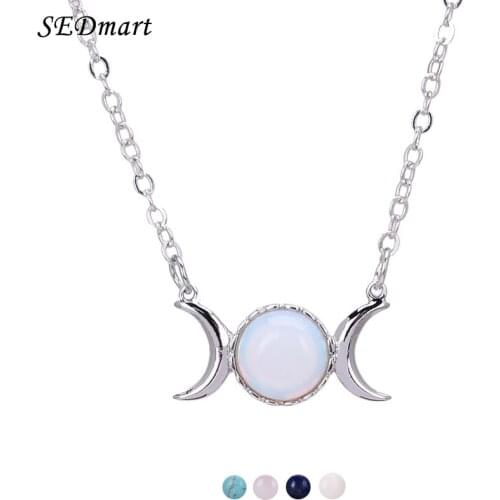 SEDmart Opal Bead Triple Goddess Moon Pendant Necklace Healing Crystal Natural Stone Sailor Moon Necklace for Women
