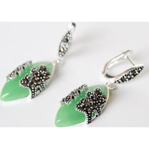 Free Shipping GREEN MARCASITE FLOWER PIERCING LADYS 925 SILVER JEWELRY EARRING 11/2"