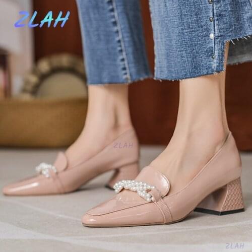 Womens Pumps Zlah Womens Patent Leather Dress Shoes Pointed Toe Pearl High Heels Square Heel Ladies Boat Shoes Womens Shoes