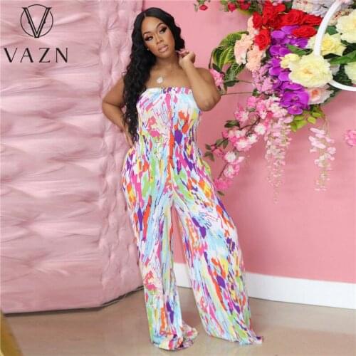 VAZN 2021 Top Quality Boho Sleeveless Strapless Print Summer Young Sexy Soft Daily Simple High Waist Women Long Pencil Jumpsuits