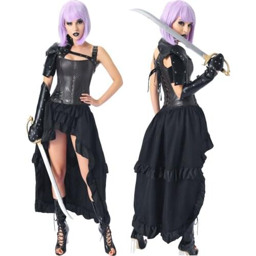 Women Halloween Gothic Retro Bustier Leather Corset Suit 11 Steel Boned Gotica High Low Hem Dress Warrior Costume Korzet Cosplay