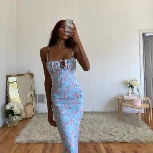 Floral Print Drawstring Summer Dress Women Ruched Hollow Out Strap Casual Midi Long Sexy Dresses Backless Bodycon Dress