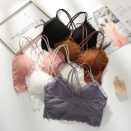 Women Sexy Beautiful Back Lingerie Cross Thin Shoulder Strap Lace Without Steel Ring With Bra Pad Bra Camis Female Intimates