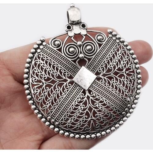 2Pcs Antique Silver Color Large Bohemian Boho Filigree Embossed Charms Pendants for Necklace Jewelry Making Findings
