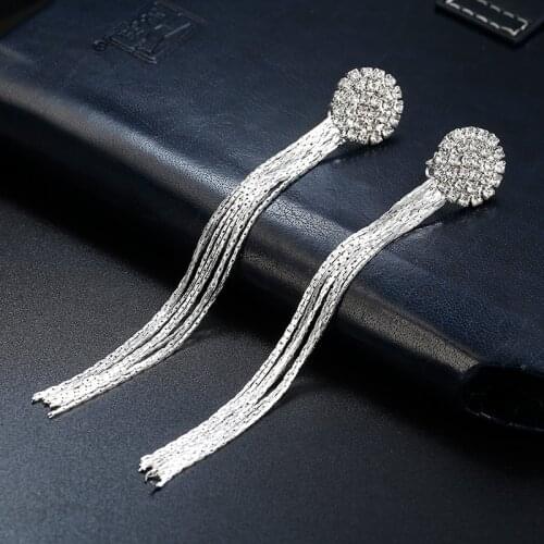 2020 Luxury Silver Long Tasse Clip on Earring Full Rhinestone Ear Clips for Women Without Piercing Wedding Bridal Party Jewelry