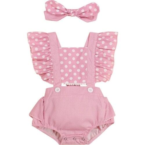 2021 0-24M Cute Infant Baby Girl Playsuit Dot Print Pink Ruffle Square Collar Bow Back Sleeveless Romper Summer Outfit 2pcs