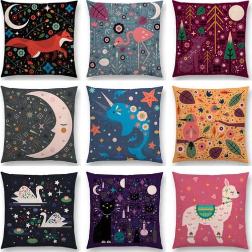 Cute Cartoon Animals Sofa Throw Pillow Case Flowers Leaf Moon Stars Night Sky Fox Flamingo Cat Cygnus Bird Narwhal Cushion Cover