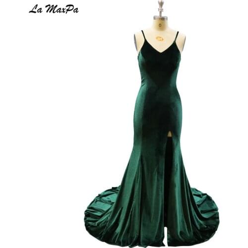 Elegant V Back Spaghetti Straps Emerald Green Velvet Prom Dress CMT40