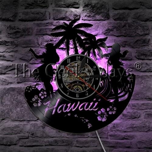 Hawaiian Luau Party LED Hanging Lamp Vinyl Record Wall Clock Hawaiian Tropical Beach Palm Tree Surfing LED Night Light