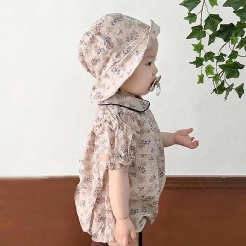 Summer Baby Clothing Cherry Baby Girls Bodysuits With Sun Hat Floral Baby One Piece