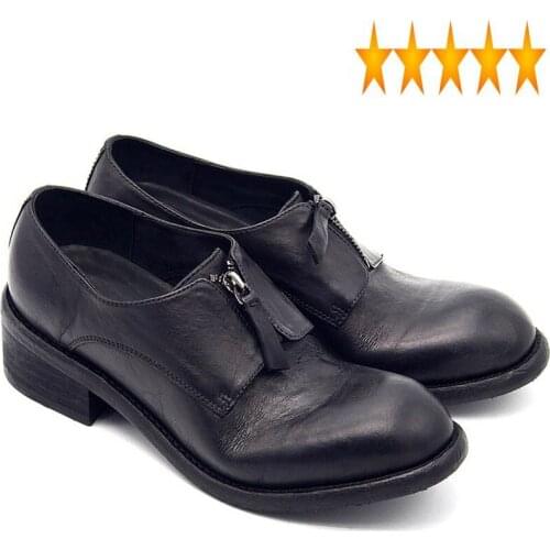 Cowhide Runway Mens Italy Retro Genuine Leather Zipper Round Toe Block Med Heels Work Safety Handmade Dress Shoes