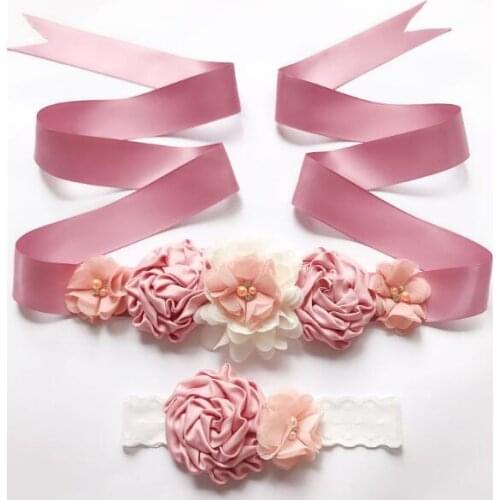 Fashion flower Belt,Girl Woman Sash Belt Wedding Sashes belt with flower headband 1 set wedding belt
