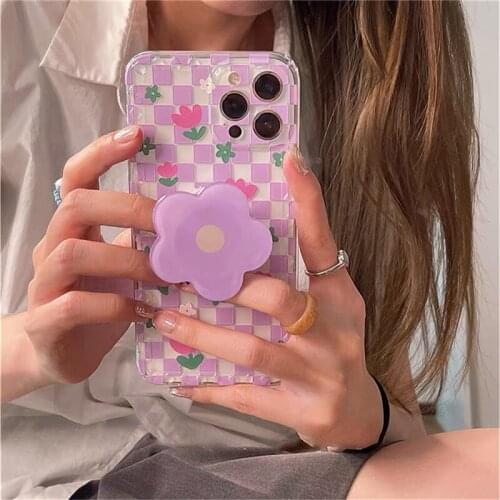 Korean Cute Cheackerboard Grid Flower Bracket Phone Case For iPhone 11 12 Pro XS Max X XR SE 7 8 Plus Soft Shockproof Back Cover
