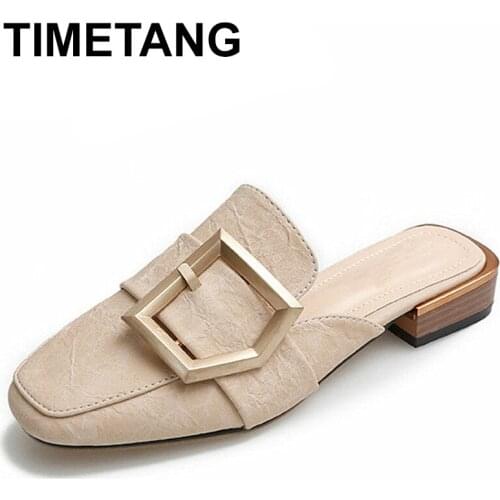 TIMETANGMetal Buckled Front Block Heel Mules Women Big Size Summer Shoes Sqaure Toe PU Leather Ladies Mules Casual Womens Pumps