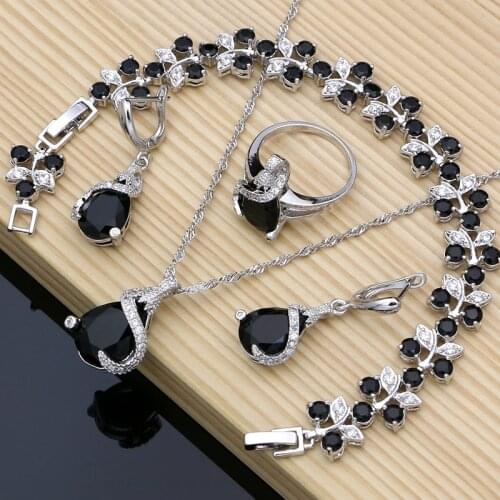 Strange Design 925 Sterling Silver Costume Jewelry Sets Black CZ for Women Earrings Fashion 2020 Necklace Sets Turkish Jewelry