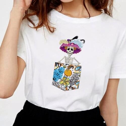 2021 New Fun Pocket skull T Shirt Women Summer Tops Fashion Harajuku Streetwear Tshirt Female Tee O-neck Casual T-shirt Clothing