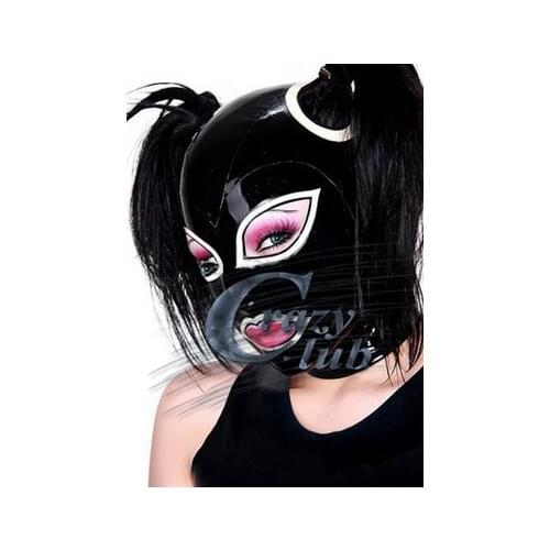 New Rushed Sale Erotic Latex Women Black and white sexy fetish latex hood with double ponytails hole Free Shipping Fast Delivery